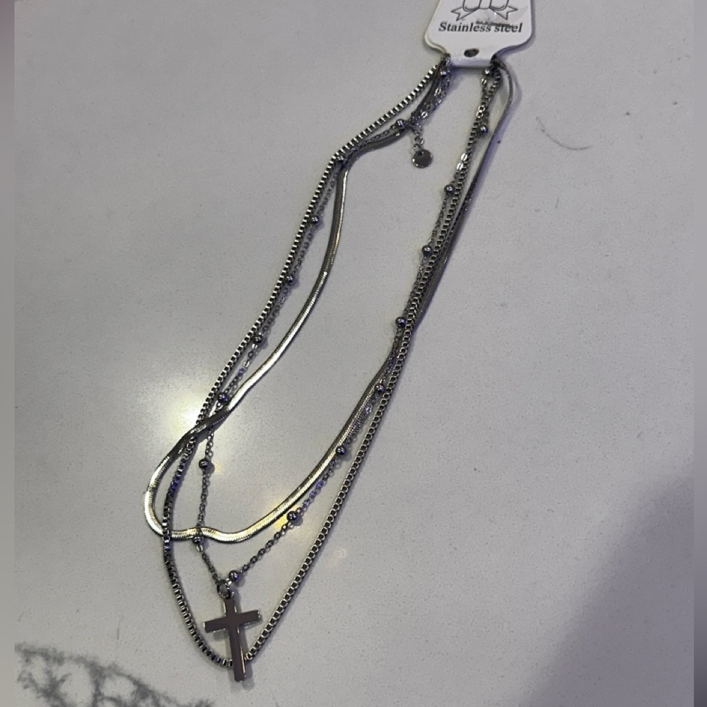 802. Stainless steel three layer cross necklace - Picture 3 of 3